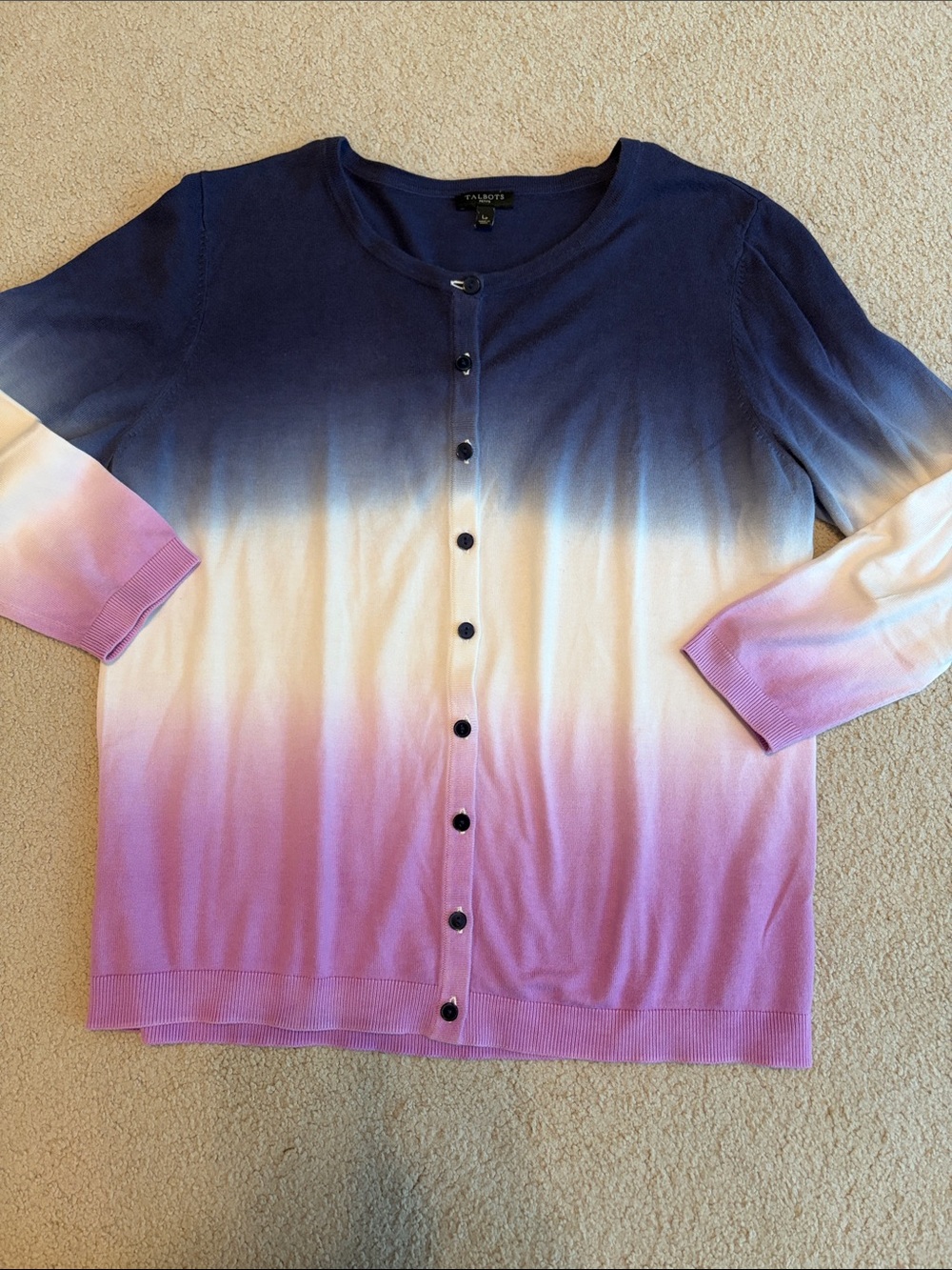 Talbots Ombre Crewneck Cardigan Sweater - Navy, Cream & lavender Pink/purple PL